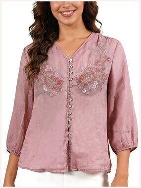 100% Linen 3/4 Sleeve Button Down Blouse Floral V-Neck Novelty Top